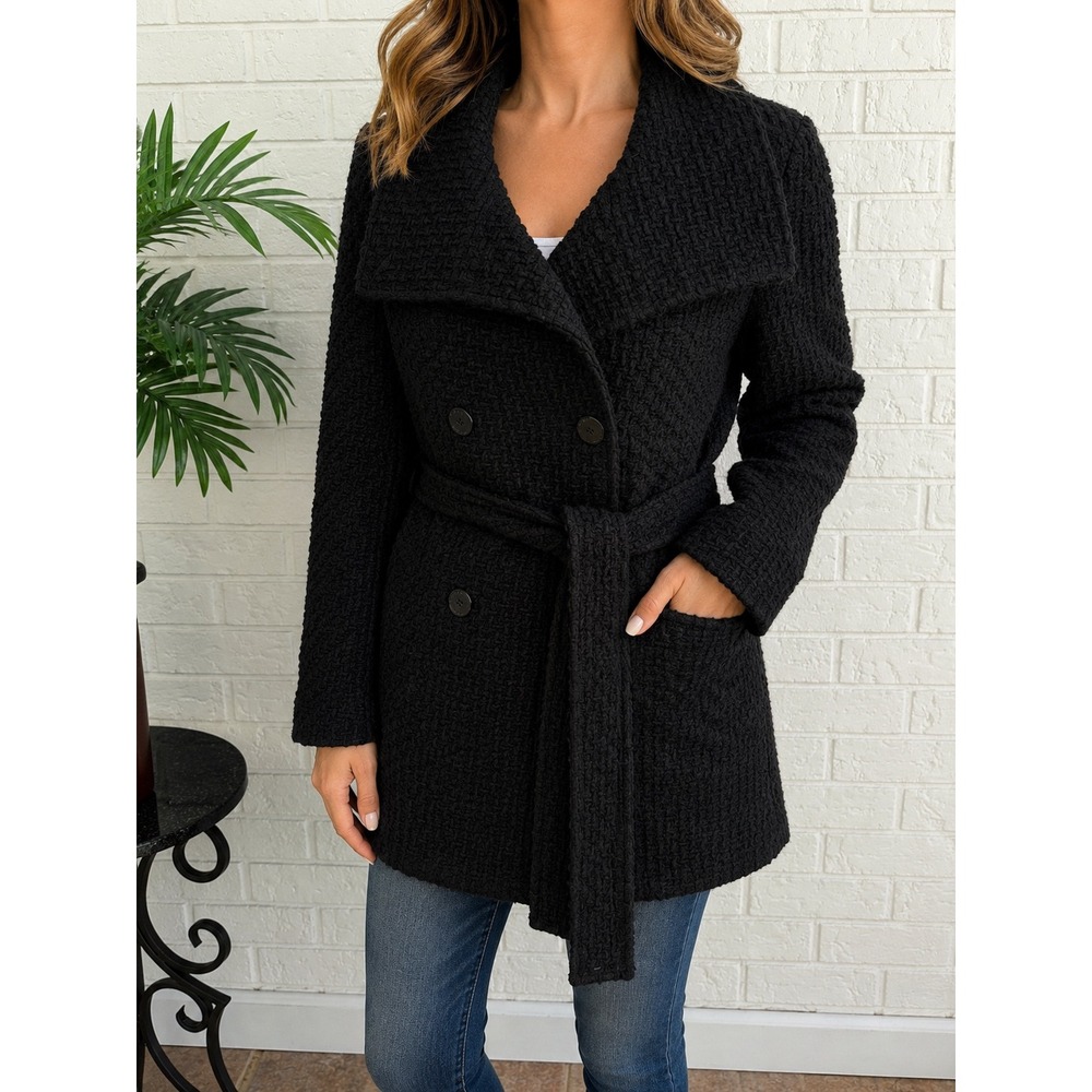 Calvin Klein Pea Coat Women Small Black Excellent Wool Blend Boucle Belted